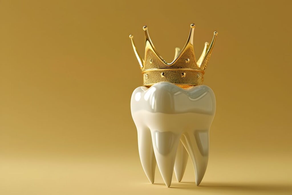 A tooth with a gold crown on it.